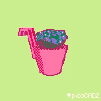 spinning pixelated 3D model of purple flowers in a pink pot