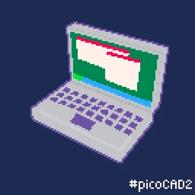 pixelated 3D model of a laptop opening and closing. the screen is reminiscent of windows XP except with red titlebars, and there's a duck on the laptop lid